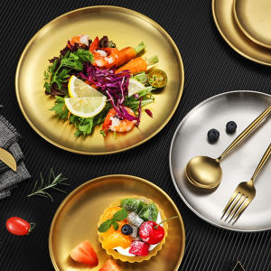 ถาดใส่อาหาร ถาดทานอาหาร จานสเต็ก จานบาร์บีคิว จานบาร์บีคิวทรงกลมสแตนเลสเกาหลี สำหรับทำความสะอาดในเครื่องล้างจาน