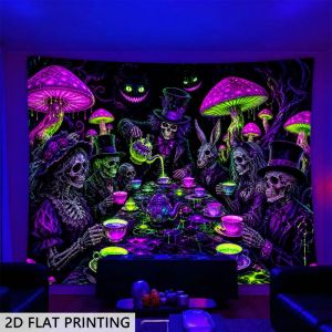 VIKAMA UV Blacklight Skeleton Tea Party Tapestry Tím Neon Hình Nấm Mèo Thiết Kế Gothic Ảo Giác Treo Tường Cho Trang Trí Phòng Ký Túc Xá