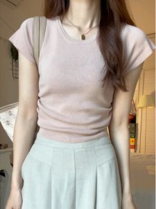 Áo Thun Tay Ngắn Dệt Kim Màu Hồng Cho Nữ Mùa Hè Thiết Kế Độc Đáo Nhỏ Gọn Thắt Eo Áo Ngắn Phong Cách Hàn Quốc Thường Ngày