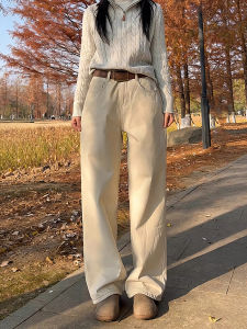 Beige Saber Leg Wide Straight Pants Cleanfit Baggy Workwear Male Winter Lined