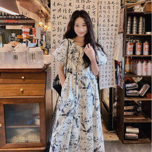 Summer 2024 Womens New One-Shoulder Slimming Lantern Sleeve Floral Print Dress Chinese Style Polyester A-Line Midi Dress
