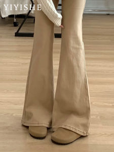 American Style Khaki Bell Bottom Jeans Womens Low Waist Slimming Floor Length Not Legging Pants Casual Cotton Stretch Denim