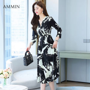 AMMIN ชุดเดรสแขนยาวคอวีสำหรับผู้หญิงชุดเดรสคอวีสไตล์เกาหลีเรียบง่ายย้อนยุคแนวแฟชั่นกราฟฟิตี้แนวใหม่สำหรับฤดูใบไม้ผลิและฤดูใบไม้ร่วง