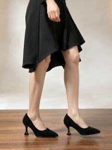 Womens Black Suede Stiletto Pointed-Toe Heels Professional Low-Cut Fashion Pumps for Daily Commute & Work