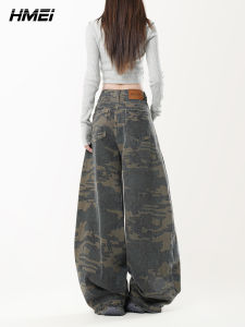 American Style Camouflage Wide Leg Jeans High Waist Loose Fit Slimming Straight Cut Floor Length Womens Autumn Winter New Arrival