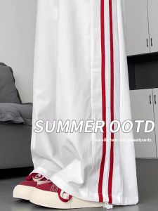 White Quick-Dry American Style Sport Pants Women Summer Thin High Waist Casual Straight Leg Ice Silk Stripe Wide Leg Pants