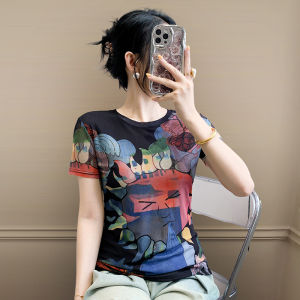 REHIN European Style Unique graffiti print Mesh Short Sleeve T-Shirt Women Summer Slim Fit Round Neck Fashion Top(S-3XL)