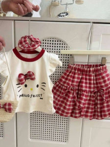 Summer Cartoon Girls Outfit Red Plaid Skirt Pants Set Casual Short Sleeve Cat Top Baby Ensemble Cotton Polyester Blend