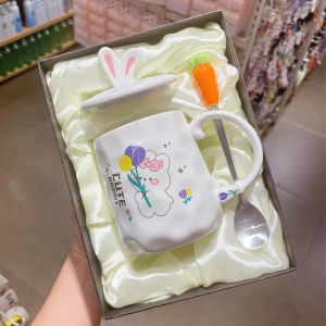 Cute Ceramic Mug with Lid And Spoon for Children Office Ladies High Aesthetic Breakfast Cup Korean Style Cartoon Design Water Cup