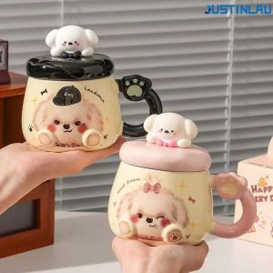 JUSTINLAU Relief Decal Puppy Mug Ceramic Mug Suitable for Couples Breakfast Milk Cup with Cute Puppy Head Lid Coffee Cup Set