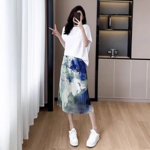 Ice Silk Ink Painting Skirt for Women Summer Thin Tie-Dyed Cool One-Piece Ruched Beach Floral Skirt New Chinese Style