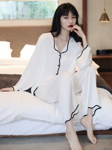 NCE 1 Set ice silk sleepwear for women Korean style long sleeve pajamas + HIgh waist loose casual pants nightwear