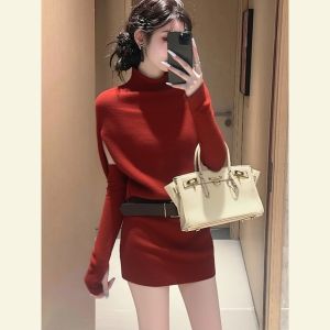 SHANGSHA | High-End Elegant Red Knit Dress
