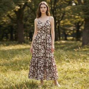 French Print Ruffle Off Shoulder Waist Shaping Layerable Dress Long