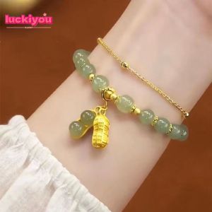 【Luckiyou】Elegant Vòng Tay Peanut Chuỗi Đôi/Vòng Tay Ngọc Bích Hetian Giả Khí Chất/Phong Cách Dân Tộc Dây Điều Chỉnh Được Vòng Đeo Tay Đính Cườm