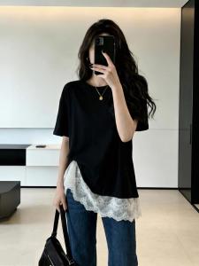 SHIMANQING | Lace Hem Illusion Two-Piece Shoulder T-Shirt for Plus Size Women