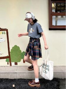 Váy Ngắn Chữ a Cạp Cao Không Đều Cho Nữ Mùa Hè 2024 Váy Ngắn Kẻ Caro Phong Cách Hàn Quốc Có Khóa Kéo Xếp Ly Thắt Nơ