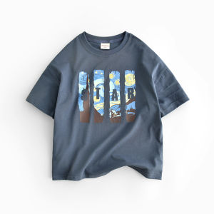 Bambina Kids Summer New Loose Cotton Short Sleeve T-Shirt Casual Cartoon Print Top for Boys Ages 3-14 Comfortable Breathable