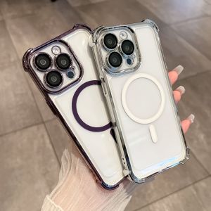 CrashStar MagSafe เคสโทรศัพท์แบบหนาชูบโปร่งใสเคสโทรศัพท์กันกระแทกแบบแข็งสำหรับ iPhone 15/14 Pro Max Plus/13/12 Pro Max เคสโทรศัพท์ชาร์จไร้สายเรียบง่ายปลอกฝาครอบป้องกันกันตกใสพร้อมเลนส์ป้องกันกล้องคลุมทั้งหมด แบบมือสำหรับผู้ใช้ในการหน้าที่