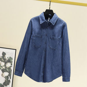 Deep Blue Denim Shirt Womens Long Sleeve Casual Fashion Spring New Style Slimming Base Layer Shirt with Double Pockets
