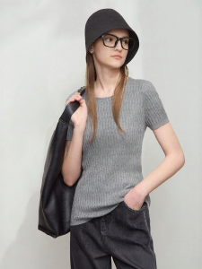 AMII | Elegant Commute Round Neck Textured Short Sleeve Knitted Women Slim Fit Knit Top