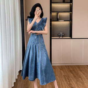 Váy Midi Chữ a Không Tay Cổ Chữ V Màu Trơn Mùa Hè 2024 Váy Denim Phong Cách Little Black Dress Có Chi Tiết Xếp Ly Dài