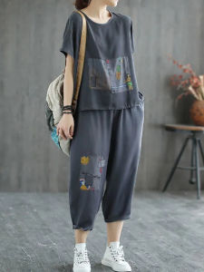 Womens Pure Cotton Sportswear Set Summer New Style Artistic Retro Print Short Sleeve Casual Loose Two-Piece Suit