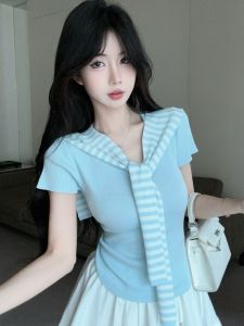 GUZILIAN | Áo thun dệt kim cổ chữ V tay ngắn họa tiết sọc lụa băng màu trơn ôm vừa vặn Áo thun hai mảnh thường ngày mùa hè phong cách Hàn Quốc