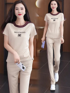 Fashionable Casual Ice Silk Straight Leg Short Sleeve Running Suit Two Piece Set Womens Summer New Style Slimming Sportswear