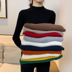 Women's Half High Collar Large Size Sweater Underlay Long Sleeve Knitwear Pullover with Slim Fit Tight Thread