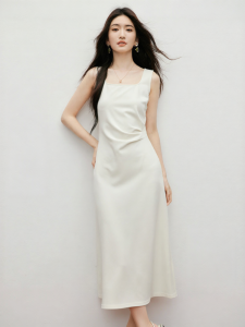 HOPESHOW | French Square Neck White Dress Spring Summer New 3D Pleated Fitted Camisole