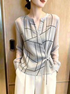 KUNAILIN | Design Geometric Stripe V-neck Slimming Belted Womens Shirt Grey