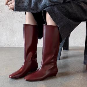 Giày Boots Đế Thấp Kiểu Đơn Giản Đa Năng Đầu Vuông Dài Đến Gối