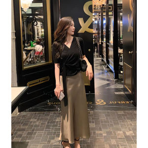 Fancy Acetate Satin Skirt Womens Summer Slim Looking Drape Mid-Length Skirt Fishtail Easiest for Match Ice Silk High Waist A- line Skirt