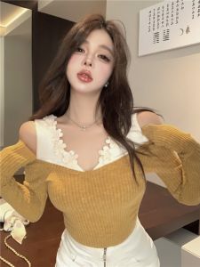 GUZILIAN | Pure Desire Spicy Girl One Shoulder Exposure Knitted Base Shirt Womens Autumn Winter Yellow Sweater Inner Wear Commute Style