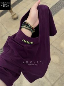YOULIN | Purple Crew Neck Embroidered Short Sleeve Mens Tee Cotton Loose Half Sleeve