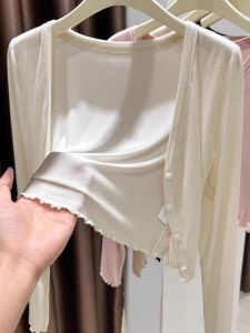 Summer Thin Short Outerwear Womens Cheongsam Shawl V-neck Long Sleeve Pure Color Commute Style Fashionable Wood Grain Edge