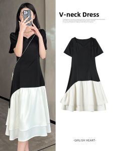 LANGPIN | Plus Size Slimming V-Neck Dress Skin-Friendly A-Line Midi Skirt Womens Summer Fashionable Black Dress Smooth Polyester Blend