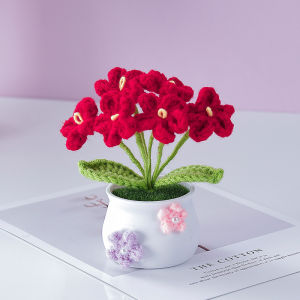 Creative Kintted Flower Potted Mini Artificial Flowers Plant Hand Woven Crochet Tulips Flower Finished Potted Home Decor Gift