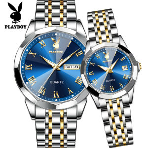 PLAYBOY Couple Watches Fashion Original Waterproof Stainless steel strap Luminous Date Happy Valentines Day Casual Quartz Women Men Watches