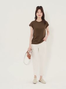 GIORDANO Women T-Shirts 100% Cotton Cap Sleeve Summer Tee Simple Basic Solid Color Mockneck Comfort Casual Tshirts 13323309