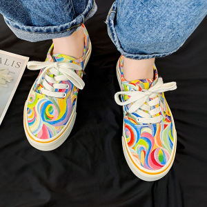 Summer 2023 Couples Low Top Hand-Painted Graffiti Canvas Shoes Womens Rainbow Color Street Snap Shoes INS Rubber Sole