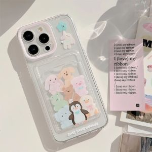 💗Internet celebrity trend+In stock+COD Korean Ins Cute Little Animals Penguin Elephant Transparent Insert Card Phone Case for iPhone 15 14 13 Pro Max 12 11 Back Cover