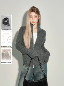 Slim Fit Double Zipper Stand Collar Knitted Cardigan Sweater Deep Grey Korean Style Nomt 2025ss Womens Fashion Polyester Blend