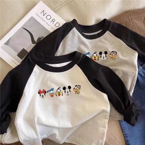 เสื้อยืดแขนยาวลายการ์ตูนมิกกี้ แฟชั่นเกาหลี สำหรับเด็กชายและเด็กหญิง ทรงหลวม ผ้าฝ้ายแท้ 100% ระบายอากาศได้ดี ดูดซับเหงื่อ
