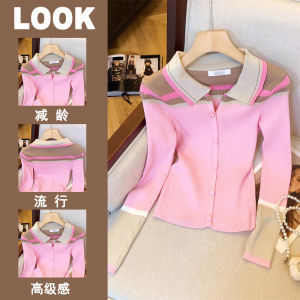 Womens Knitted Open Cardigan Polo Collar Color Block Slim Fit Sweater Autumn Winter Vintage Style Regular Sleeve Long Length