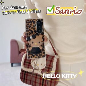 Sanrio | Sanrio Leopard Leather Plating Bumper Shockproof Case for Samsung Galaxy Z Fold 8 Ultra 7 6 5 4 Cover with 3D HelloKitty Stand