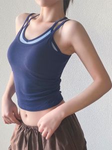 Contrast Color Fake Layered Padded Yoga Tank Top