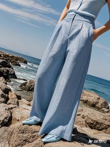 Spring 2025 High Waist Wide Leg Pants Womens Loose Fitting Lightweight Blue Korean Style Commute Polyester Blend Trousers