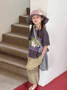 Korean Style Cartoon Print Pure Cotton Short Sleeve T-Shirt Childrens Casual Bottoming Shirt for Girls Summer Fashionable
